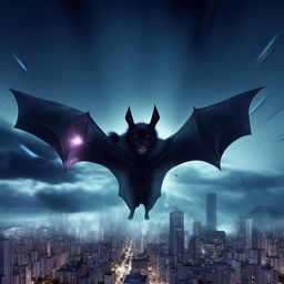 A bat displaying superpowers, emitting a glow and surrounded by energy waves. The bat is floating in a moonlit sky with a city backdrop, illustrating the sense of power and majesty.