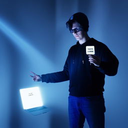 A hacker stands within a beam of light, holding a 'bxcloner' card in his right hand and a 'you lost' card in his left, complemented with a modern laptop at his side.