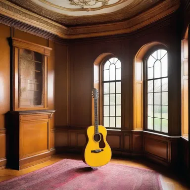The music room in the mansion was adorned with unique architectural features, including a glass case displaying rare and valuable guitar picks.