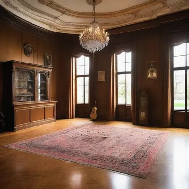 The music room in the mansion was adorned with unique architectural features, including a glass case displaying rare and valuable guitar picks.