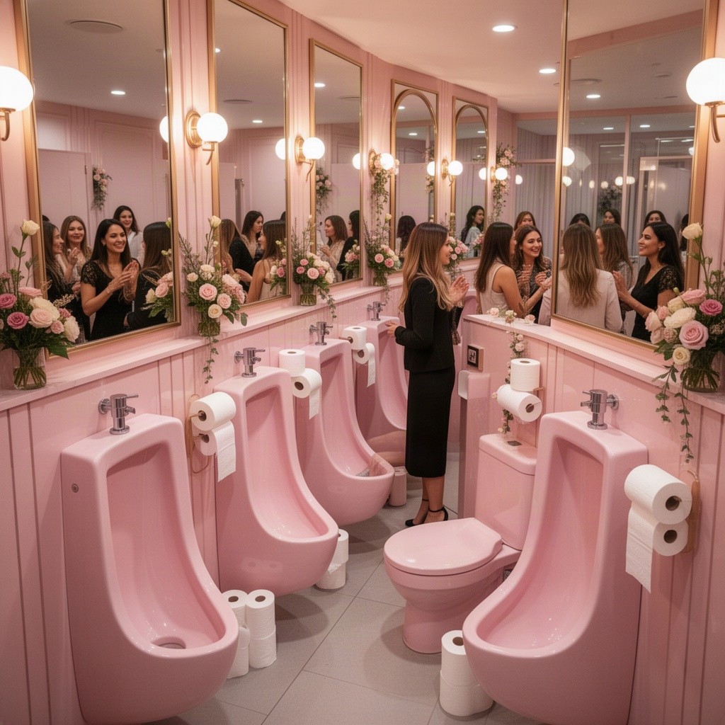 A busy women's restroom featuring a row of pink, narrow, extended urinals designed specifically for women