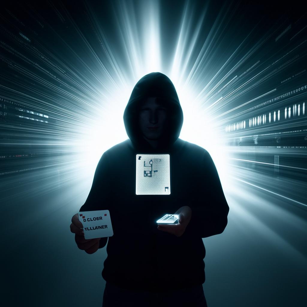 A hacker stands within a beam of light, holding a 'bxcloner' card in his right hand and a 'you lost' card in his left, complemented with a modern laptop at his side.