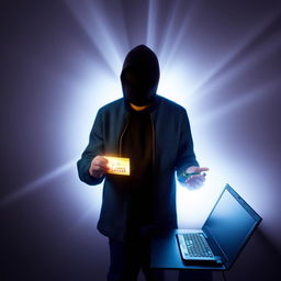 A hacker stands within a beam of light, holding a 'bxcloner' card in his right hand and a 'you lost' card in his left, complemented with a modern laptop at his side.