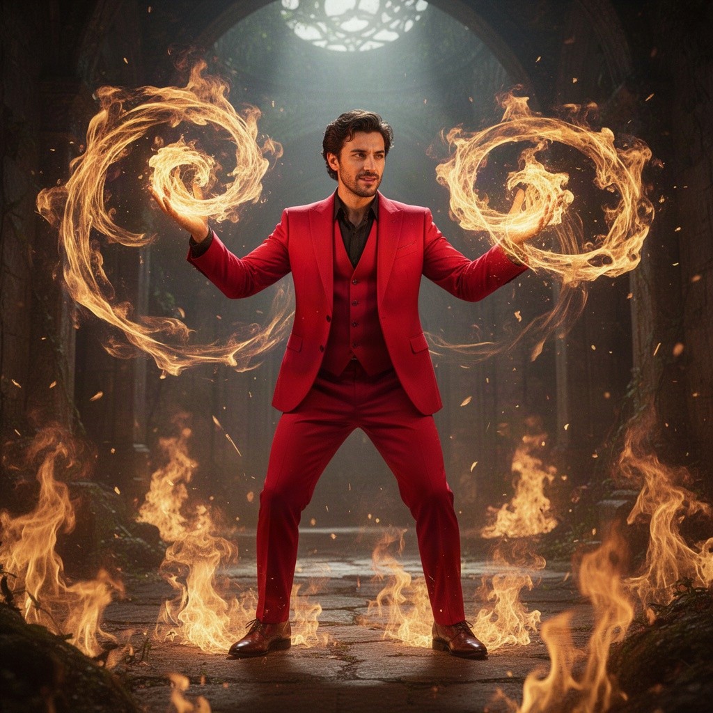 A charismatic male artist wearing a vibrant red suit, confidently showcasing his mastery of fire magic