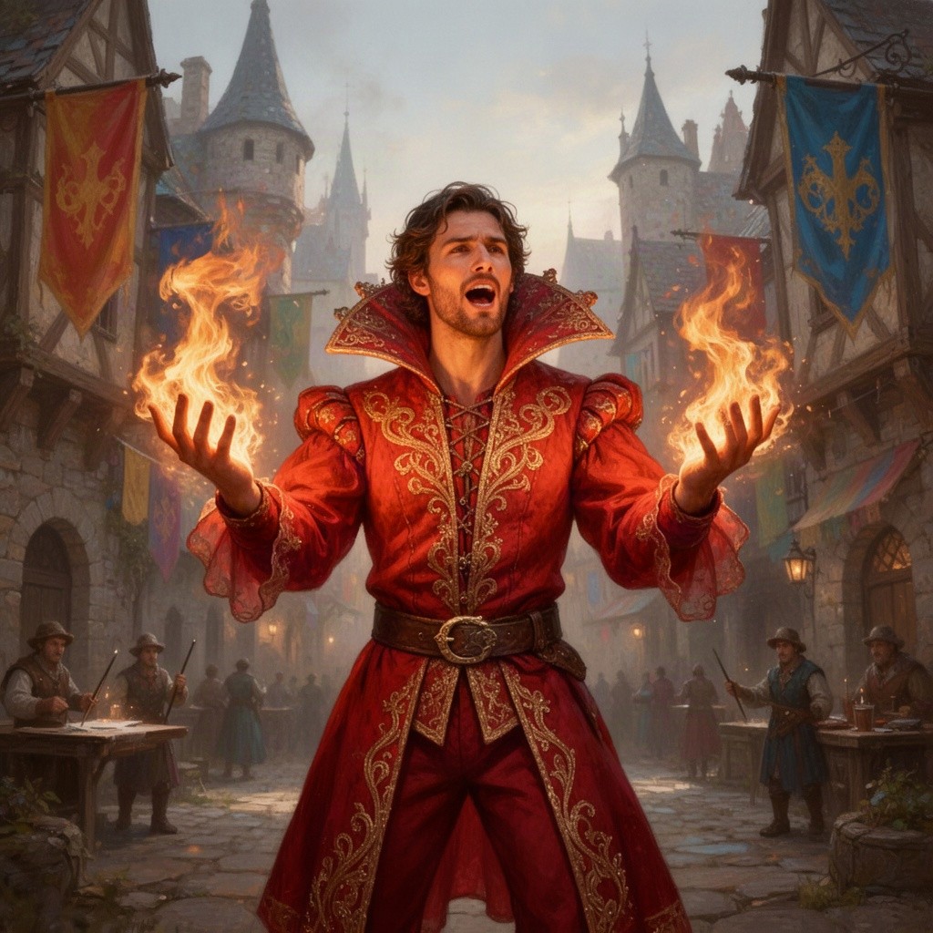 A fantasy medieval scene featuring a male artist dressed in a vibrant red costume, showcasing his mastery of fire magic