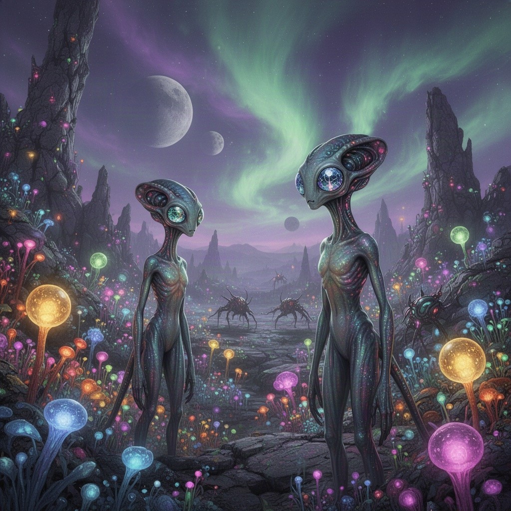 A futuristic alien landscape featuring vibrant, bioluminescent plants and bizarre rock formations