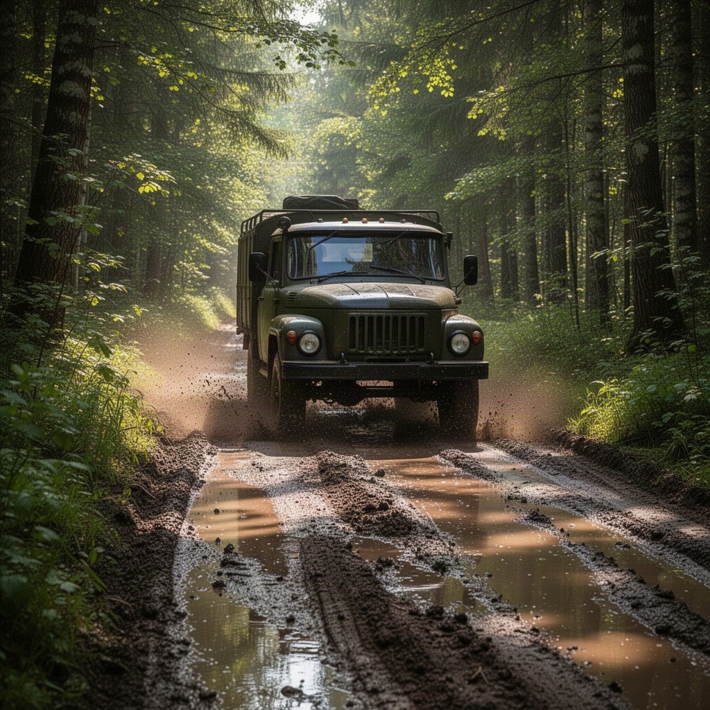 A Soviet-era YAZ-214 vehicle traversing a muddy and rugged forest road