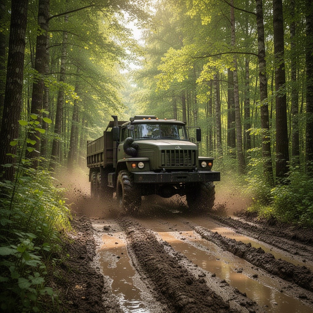 A KRAZ-255 truck powerfully navigating a muddy and uneven forest road