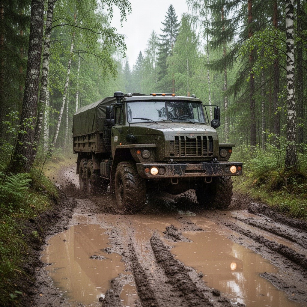 A Ural-4320 truck navigating through a muddy, rough forest road