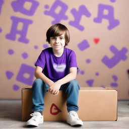 An 8-year-old half-elf boy with short brown hair and cold, purple eyes, sitting on a box in front of a background wall adorned with Instagram and YouTube logos.