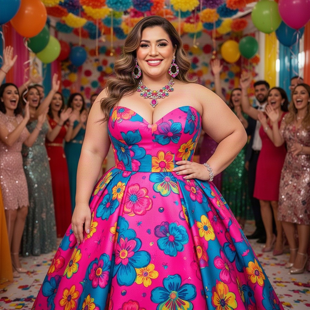 A fashionable, curvy bride showcasing her beauty in a vibrant, pop-colored wedding dress that accentuates her figure