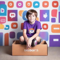 An 8-year-old half-elf boy with short brown hair and cold, purple eyes, sitting on a box in front of a background wall adorned with Instagram and YouTube logos.