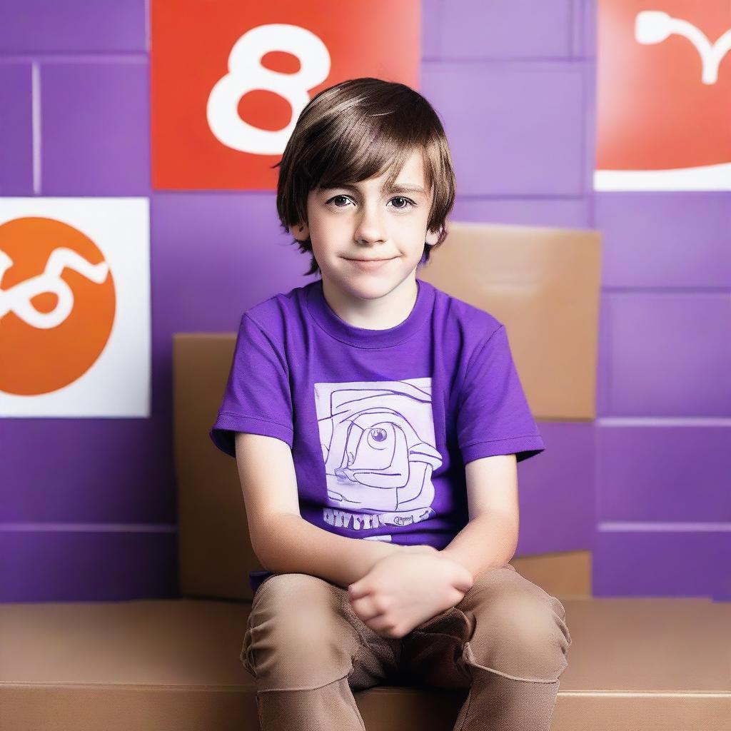 An 8-year-old half-elf boy with short brown hair and cold, purple eyes, sitting on a box in front of a background wall adorned with Instagram and YouTube logos.