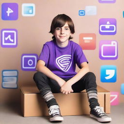 An 8-year-old half-elf boy with short brown hair and cold, purple eyes, sitting on a box in front of a background wall adorned with Instagram and YouTube logos.