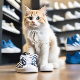 A charming cat with gleaming fur and captivating eyes, standing on two legs, selecting a pair of stylish Adidas shoes from a shoe display