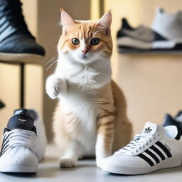 A charming cat with gleaming fur and captivating eyes, standing on two legs, selecting a pair of stylish Adidas shoes from a shoe display