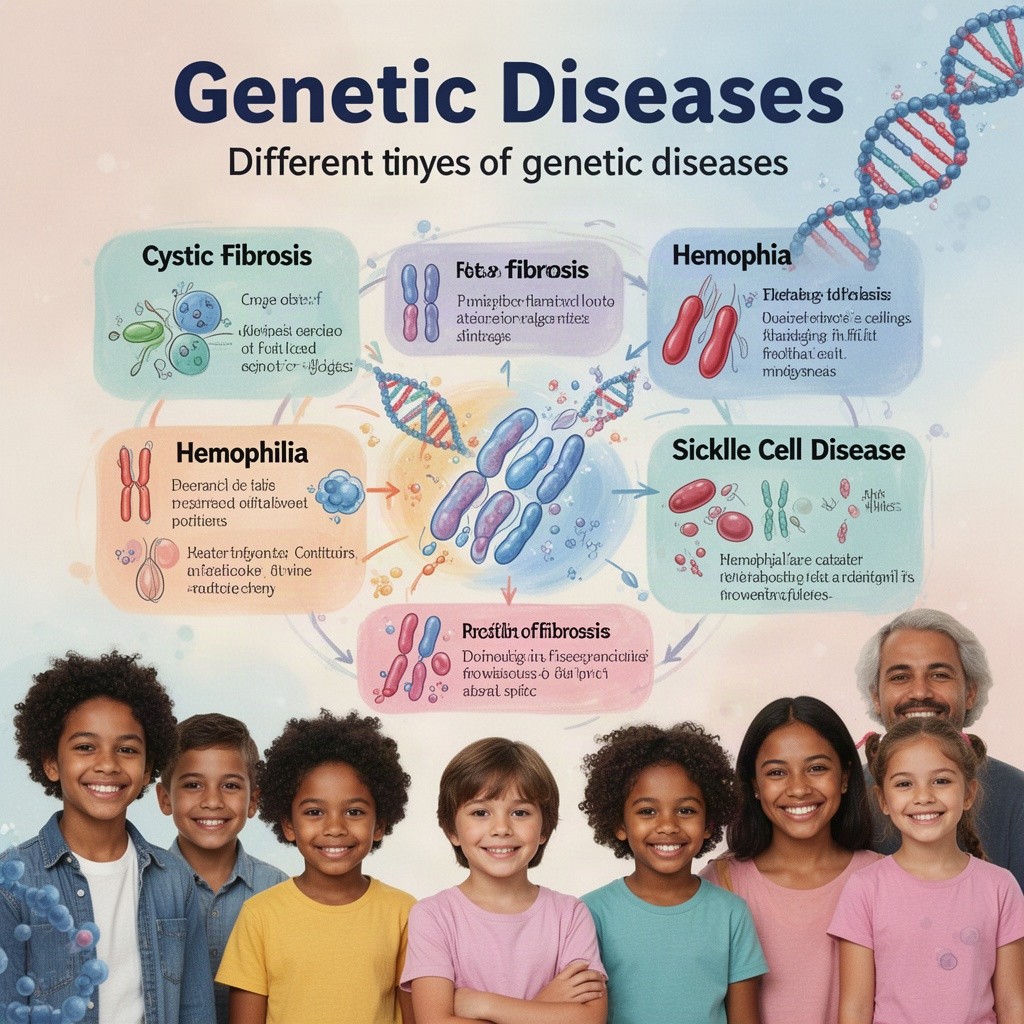 A visually impacting educational poster about genetic diseases, featuring a colorful infographic style with diagrams and icons