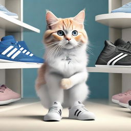 A charming cat with gleaming fur and captivating eyes, standing on two legs, selecting a pair of stylish Adidas shoes from a shoe display