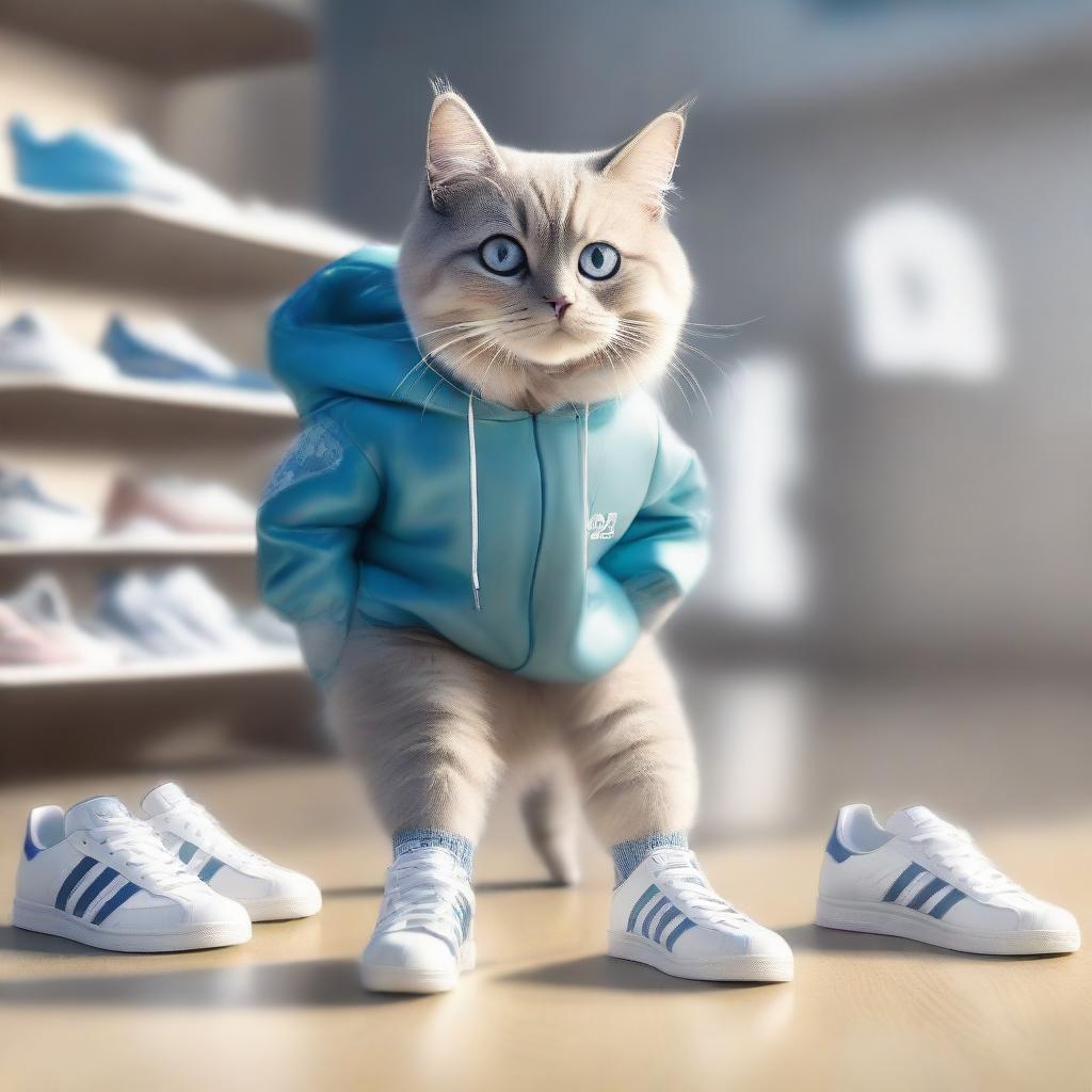 A charming cat with gleaming fur and captivating eyes, standing on two legs, selecting a pair of stylish Adidas shoes from a shoe display