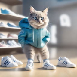 A charming cat with gleaming fur and captivating eyes, standing on two legs, selecting a pair of stylish Adidas shoes from a shoe display