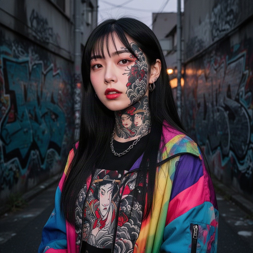 A stylish young Japanese woman with an artistic tattoo on her face, showcasing a blend of traditional and modern Japanese art elements