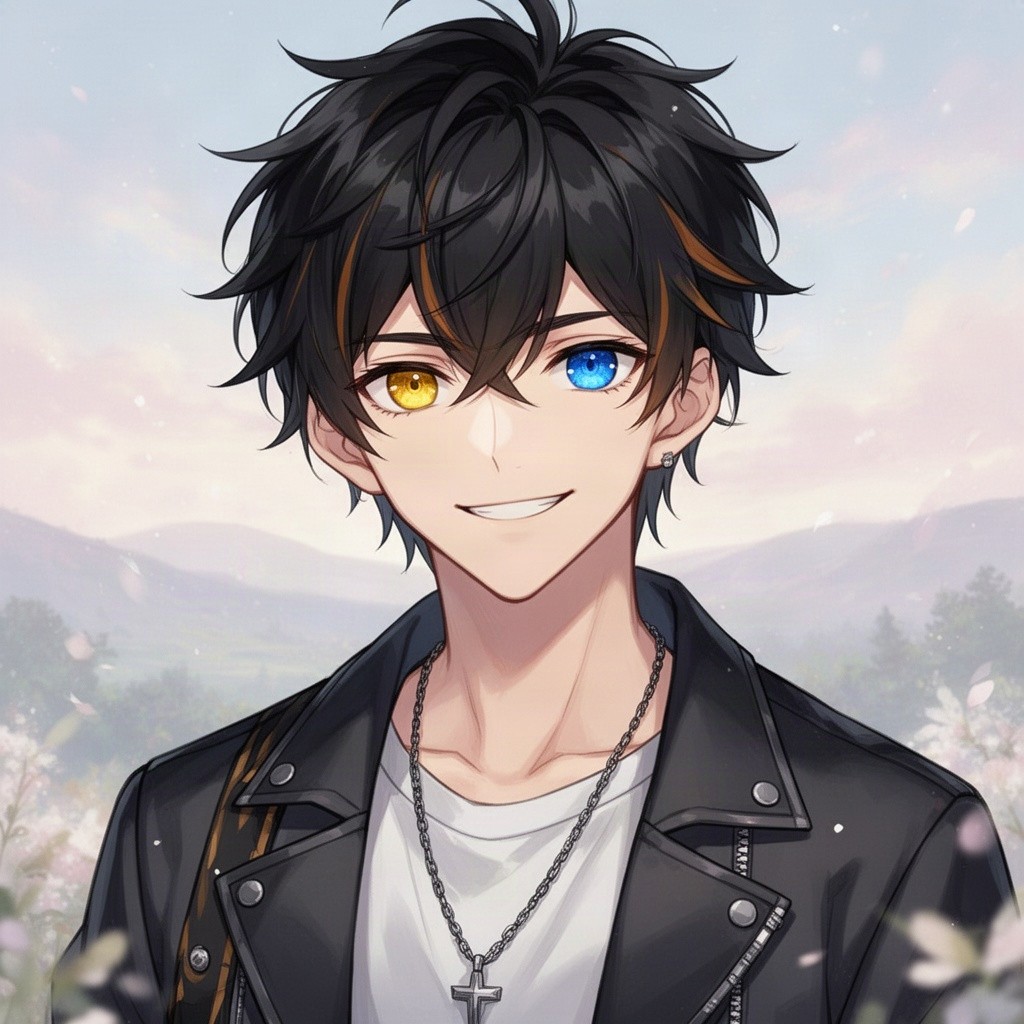 A handsome anime boy with striking black hair featuring subtle brown highlights