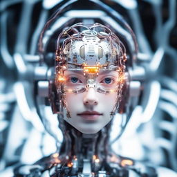 A close up portrait of a majestic young humanoid robot girl, showcasing glowing components in her head and partly visible intricate electronics