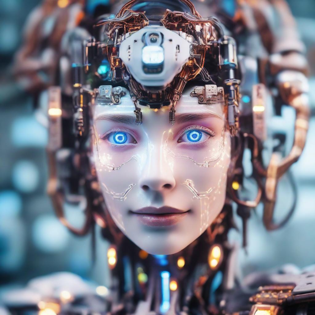 A close up portrait of a majestic young humanoid robot girl, showcasing glowing components in her head and partly visible intricate electronics