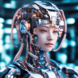 A close up portrait of a majestic young humanoid robot girl, showcasing glowing components in her head and partly visible intricate electronics