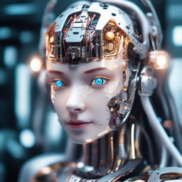 A close up portrait of a majestic young humanoid robot girl, showcasing glowing components in her head and partly visible intricate electronics