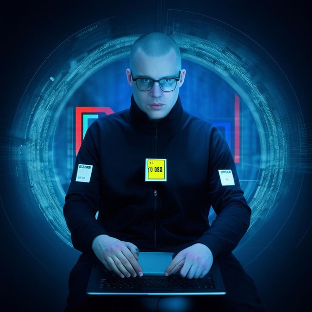 A hacker in a circle, holding a card inscribed with 'bxcloner' in his right hand and a card with 'you lost' in his left, accompanied with a sleek laptop.