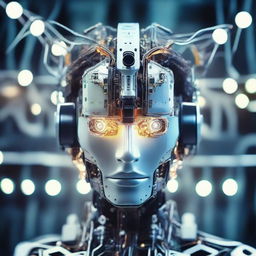 An intricate portrait of a stylish young humanoid robot man, displaying luminescent components on his head with sections of complex electronic devices visible