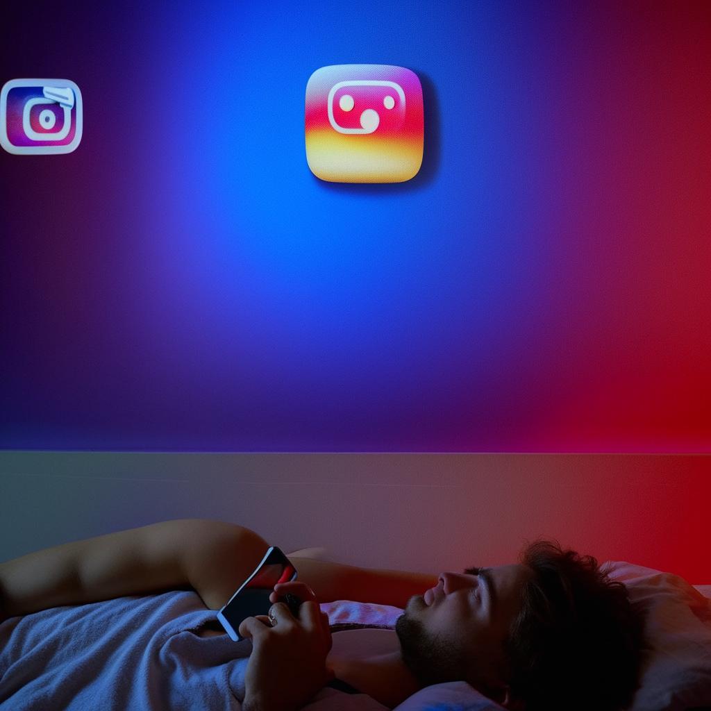 A young man in his 20s scrolling through social media on his phone, while lying on a bed, with a background wall featuring the original Instagram and YouTube logos.