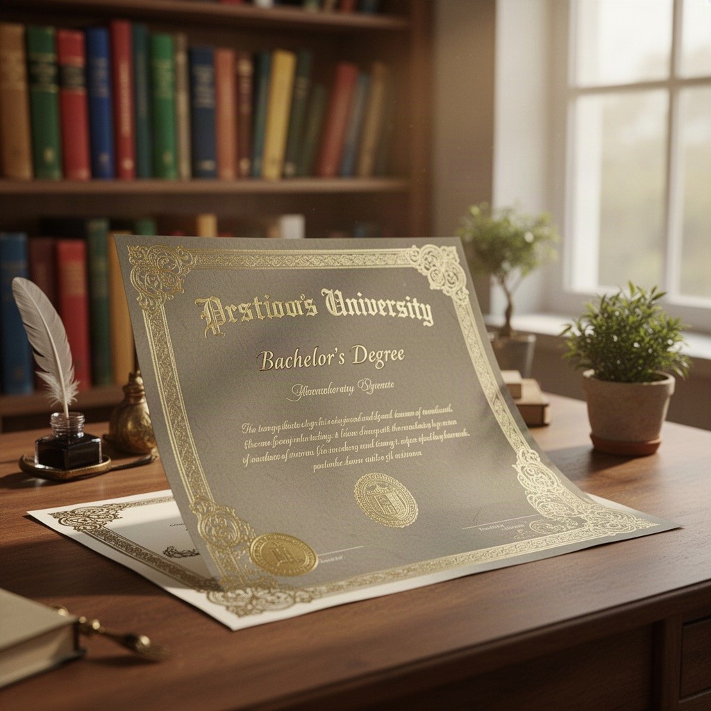 An artistic representation of a Bachelor's degree diploma, elegantly displayed on a wooden desk