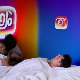 A young man in his 20s scrolling through social media on his phone, while lying on a bed, with a background wall featuring the original Instagram and YouTube logos.