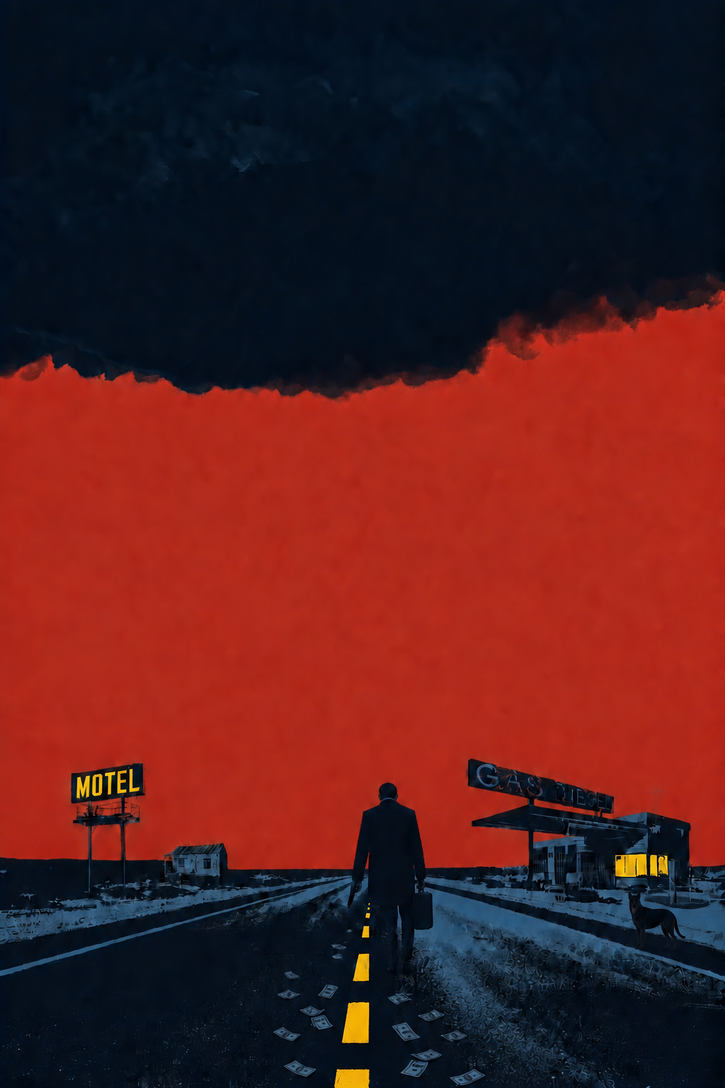 An illustration of a deserted road leading towards a dramatic backdrop featuring a bright red sky and dark clouds above