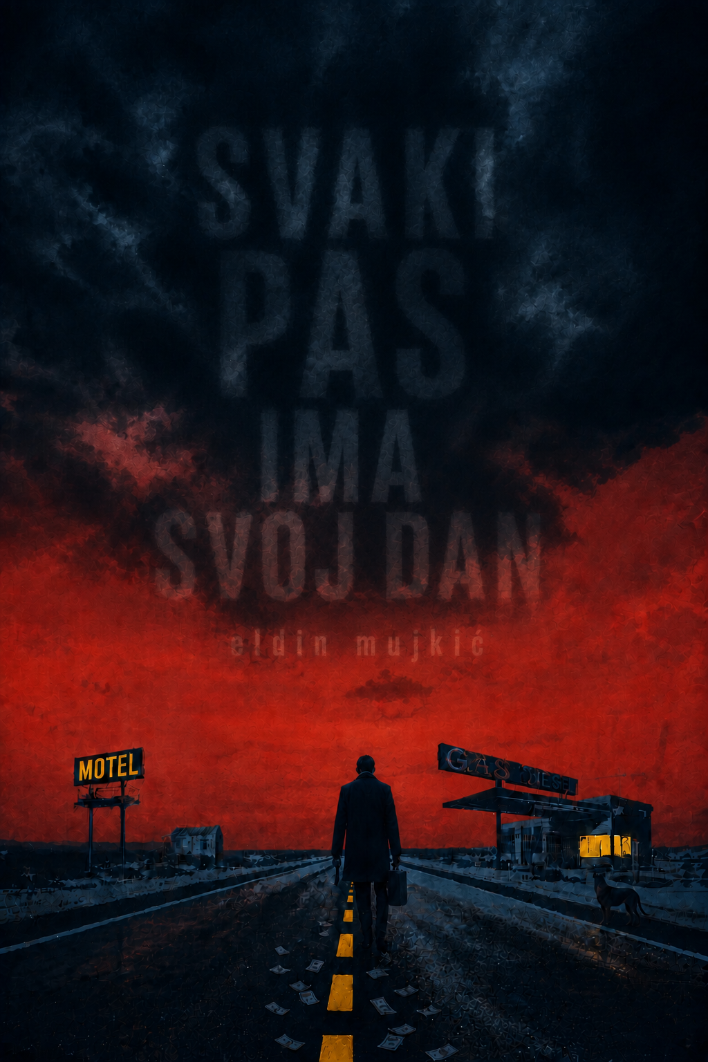 Hajde neka tekst tj. naslov i ime autora, pošto se slova nalaze na nebu, neka slova, ali samo slova kao obuhvate postojeći crni oblaci, kao u magli slova. ne dodaji ništa više, ne dodaji crnine ni oblaka više, samo uradi što sam naredio