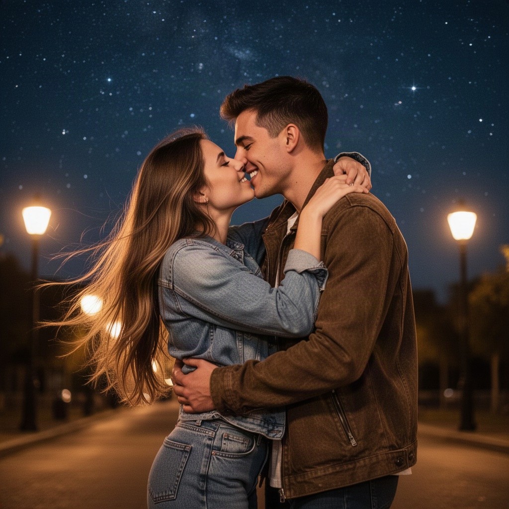 A passionate couple in love, locked in a strong embrace, sharing a deep kiss under a starlit sky