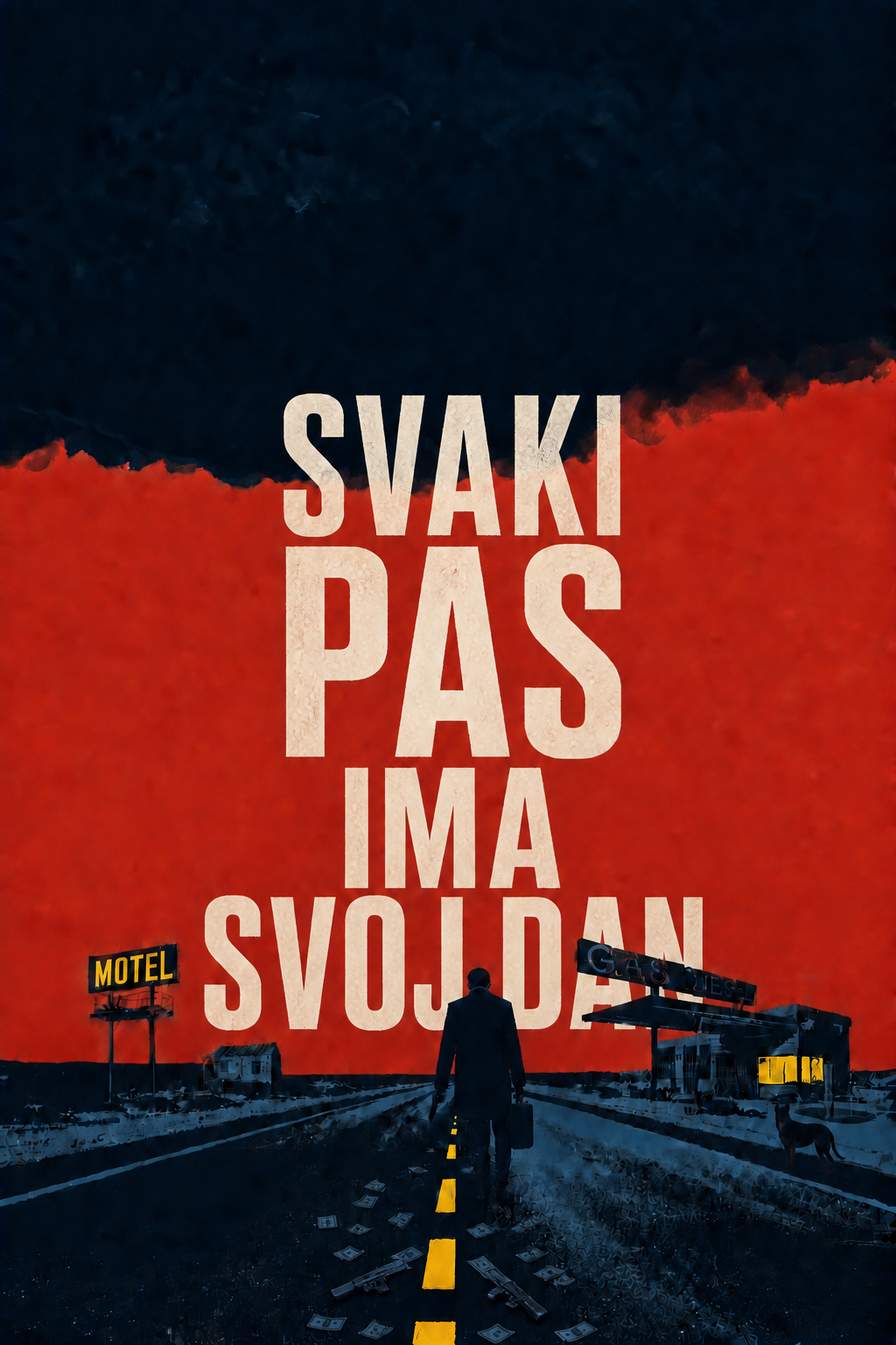Dodaj mi dole na cesti iza čovjeka, da budu  2 pištolja, kao da su pali medju novčanice iza čovjeka