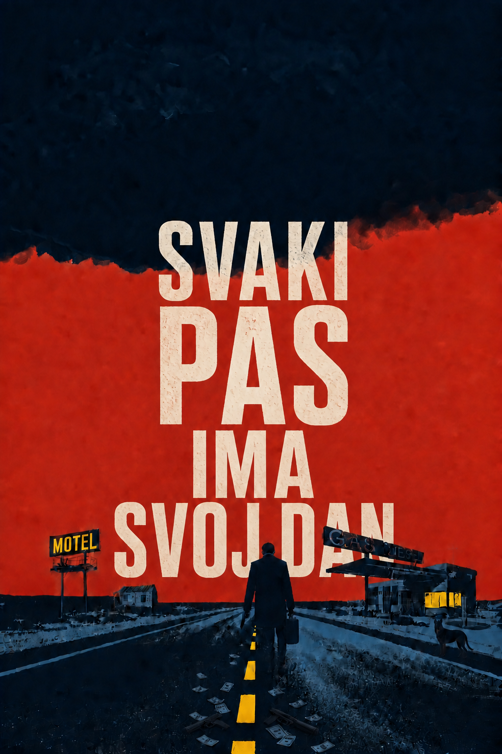 Dodaj mi dole na cesti iza čovjeka, da budu  2 pištolja marke Berreta 92, normalne veličine, ne veliki, neki manji, ali da se vide, kao da su pali medju novčanice iza čovjeka