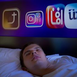 A young man in his 20s scrolling through social media on his phone, while lying on a bed, with a background wall featuring the original Instagram and YouTube logos.