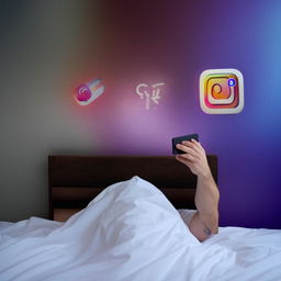 A young man in his 20s scrolling through social media on his phone, while lying on a bed, with a background wall featuring the original Instagram and YouTube logos.
