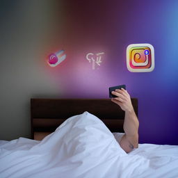 A young man in his 20s scrolling through social media on his phone, while lying on a bed, with a background wall featuring the original Instagram and YouTube logos.