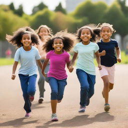 A group of children, including a 7-year-old girl, a 9-year-old girl, a 10-year-old boy, an 11-year-old girl, and an 8-year-old girl, frolicking joyfully on a school playground