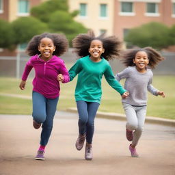 A group of children, including a 7-year-old girl, a 9-year-old girl, a 10-year-old boy, an 11-year-old girl, and an 8-year-old girl, frolicking joyfully on a school playground