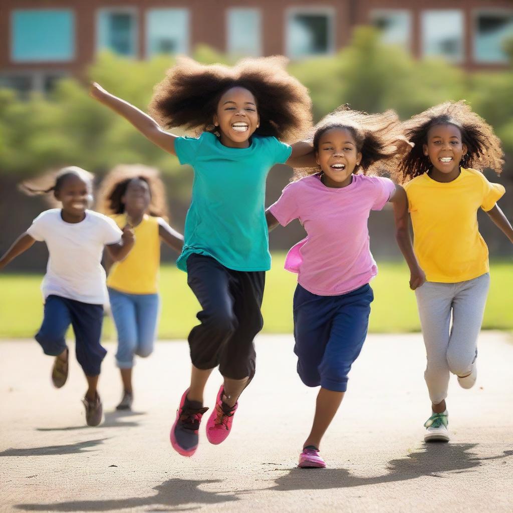 A group of children, including a 7-year-old girl, a 9-year-old girl, a 10-year-old boy, an 11-year-old girl, and an 8-year-old girl, frolicking joyfully on a school playground