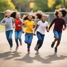 A group of children, including a 7-year-old girl, a 9-year-old girl, a 10-year-old boy, an 11-year-old girl, and an 8-year-old girl, frolicking joyfully on a school playground