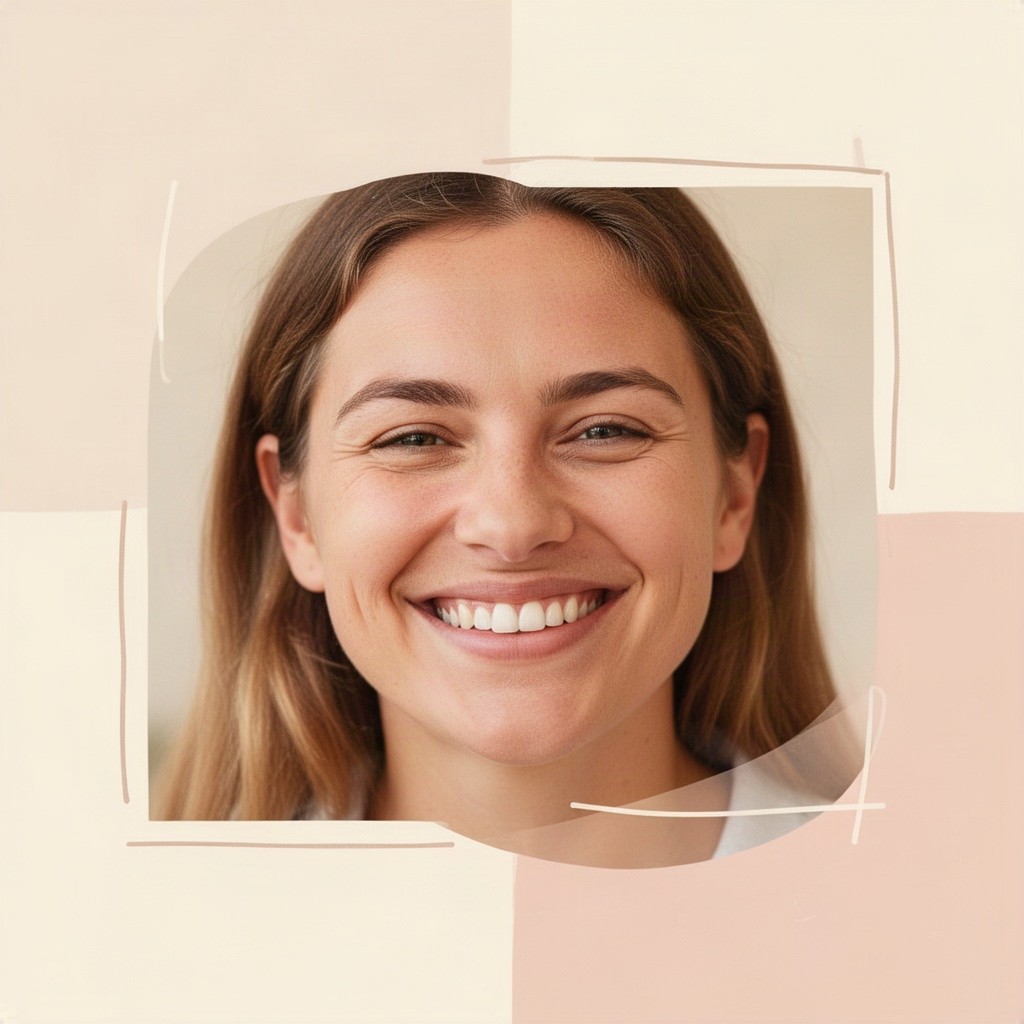A warm, inviting smile against a minimalistic background, soft pastel colors, simple lines and shapes, conveying a sense of comfort and friendliness, focus on the facial expression with gentle lighting to enhance the warmth of the smile