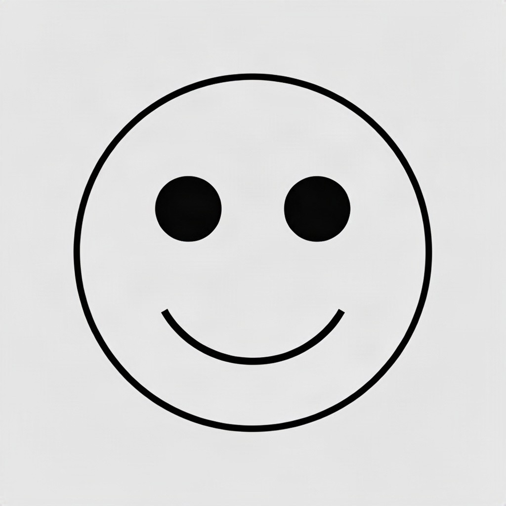 A minimalist design of a smile created entirely with geometric shapes: a large circle for the face, two smaller circles for eyes, and a simple curved line for the smile