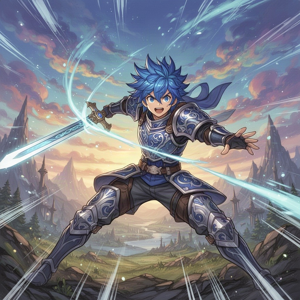 A vibrant anime-style illustration featuring a dynamic action scene with a heroic character wielding a glowing sword against a backdrop of a fantasy landscape